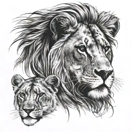 lion behind lioness tattoo design idea