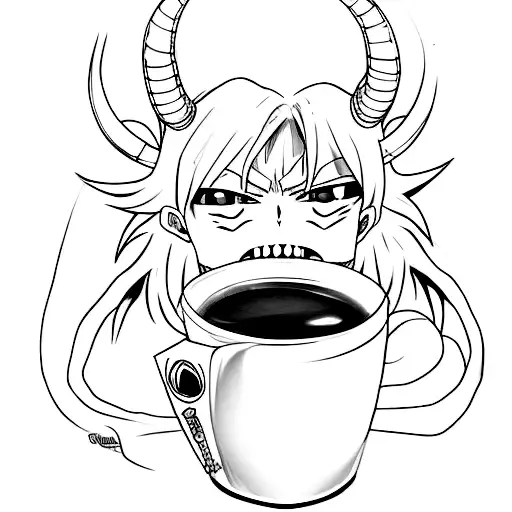 An anime-inspired demon character holding a cup of coffee, representing the client's passion for anime, dark themes, and caffeine tattoo design idea