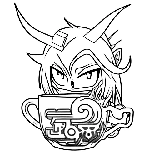 An anime-inspired demon character holding a cup of coffee, representing the client's passion for anime, dark themes, and caffeine tattoo design idea