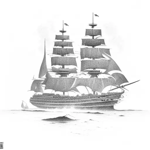 Silhouette of a military frigate sailing under full sail, with the inscription "Freedom and Protection". tattoo design idea
