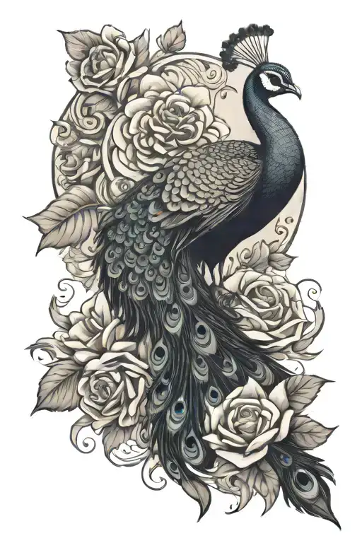 peacock with roses blooming out of tail tattoo design idea