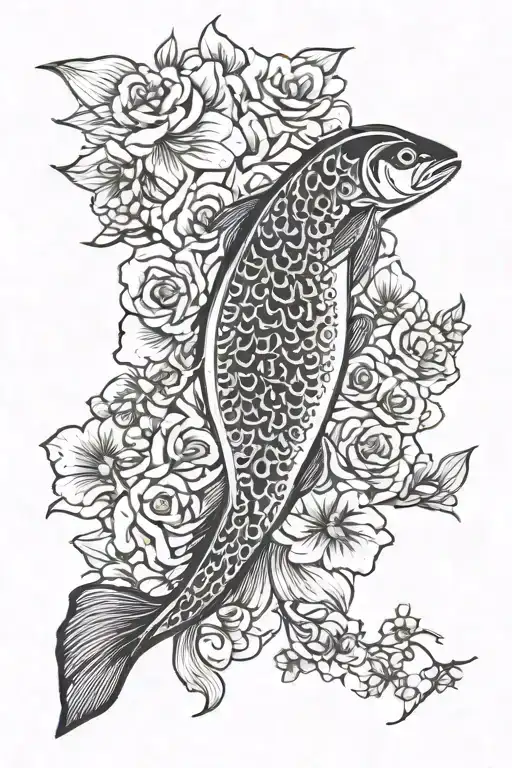 chinook salmon with flowers around it  tattoo design idea