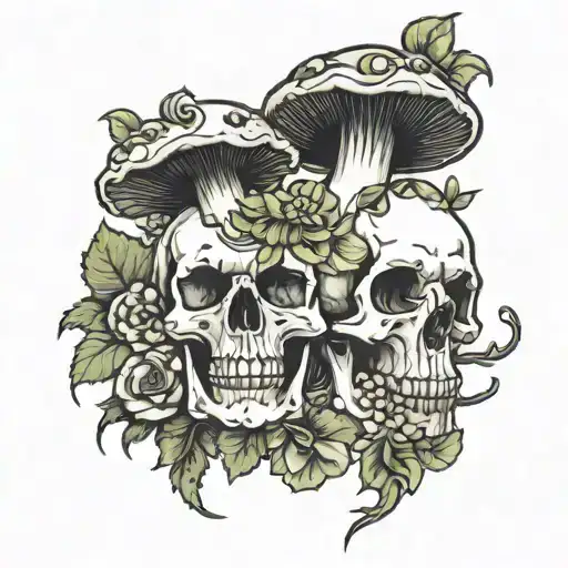 mushrooms skulls and flowers tattoo design idea