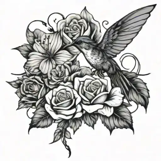rose hummingbird butterfly and flowers growing and cross tattoo design idea