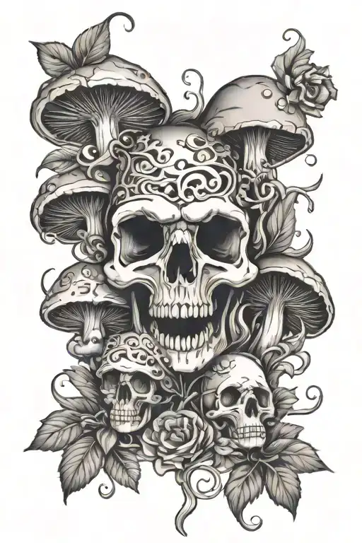 mushrooms skulls and flowers and vines growing tattoo design idea