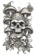mushrooms skulls and flowers and vines growing tattoo design idea