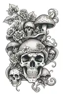 mushrooms skulls and flowers and vines growing tattoo design idea