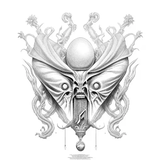 A black-grey tattoo of a Renaissance-style portrait of an extraterrestrial creature tattoo design idea