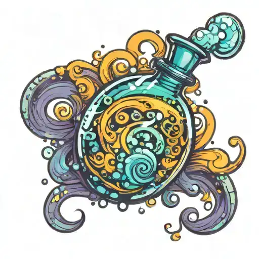 A magical potion bottle with swirling colors and sparkling effects tattoo design idea