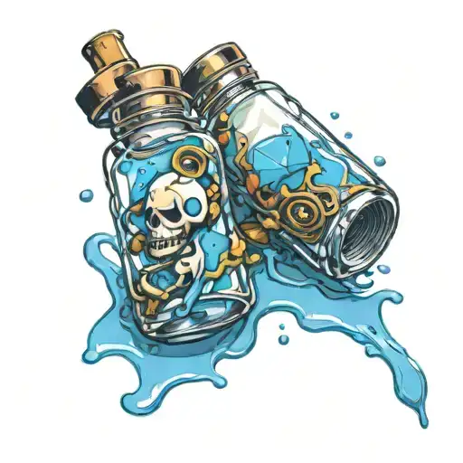  memory holder vial filled with vibrant blue liquid standing next to another one fallen over spilled in front  tattoo design idea