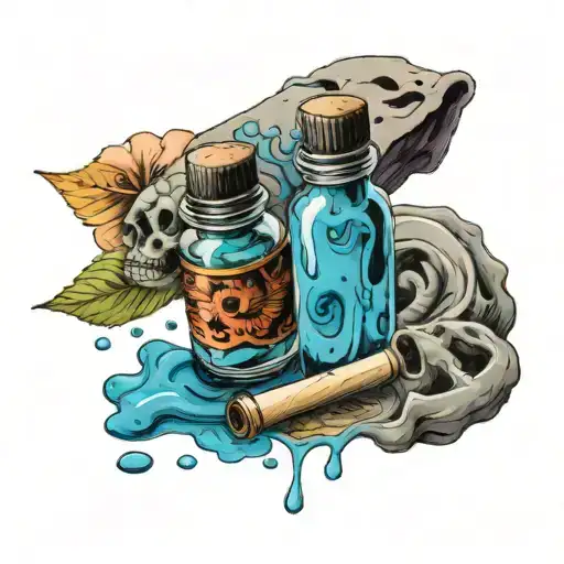  memory holder vial filled with vibrant blue liquid standing next to another one fallen over spilled in front  tattoo design idea