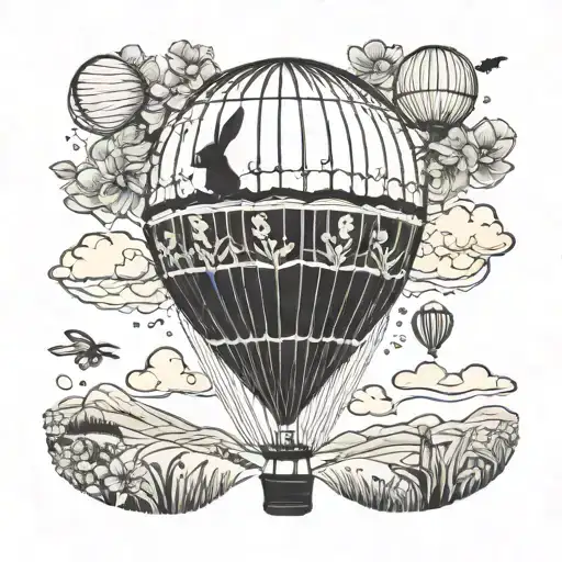 A surreal composition of a hot air balloon floating over a field of daffodils, with a rabbit peeking out from behind a cloud tattoo design idea