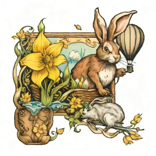 A whimsical scene of a rabbit painting a daffodil on a canvas, with a hot air balloon in the background tattoo design idea