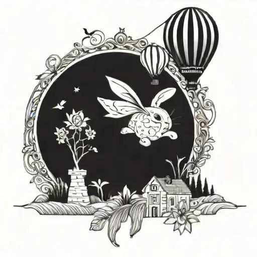 A whimsical scene of a rabbit painting a daffodil on a canvas, with a hot air balloon in the background tattoo design idea