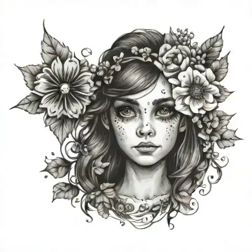 elf girl with big eyes, flowers around tattoo design idea