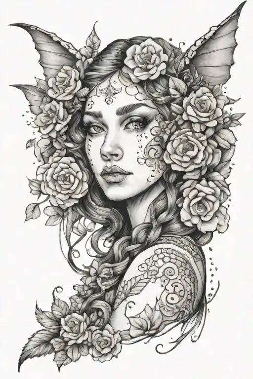 elf girl, flowers around tattoo design idea