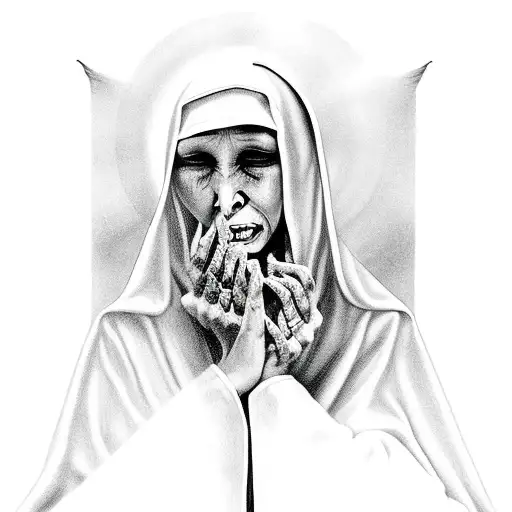 crying nun with demon pulling apart her praying hands tattoo design idea