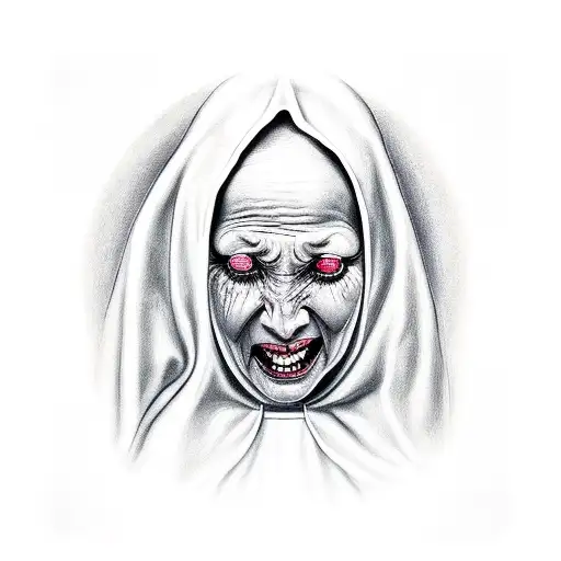 crying nun with a demon pulling apart her praying hands tattoo design idea
