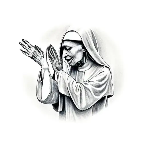 crying nun with demon pulling apart her praying hands tattoo design idea