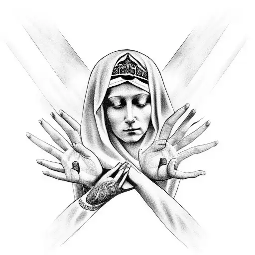 Holy Mary half sleeve with hands in prayer tattoo design idea