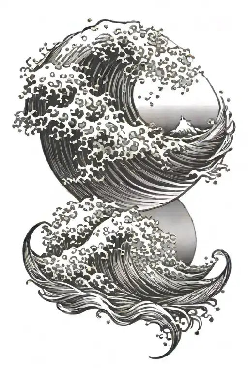 Create a dotwork tattoo depicting a powerful wave crashing on the shore, symbolizing the client's love for the ocean and the beach tattoo design idea