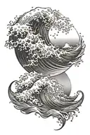 Create a dotwork tattoo depicting a powerful wave crashing on the shore, symbolizing the client's love for the ocean and the beach tattoo design idea