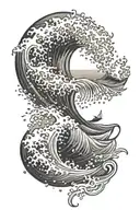 Create a dotwork tattoo depicting a powerful wave crashing on the shore, symbolizing the client's love for the ocean and the beach tattoo design idea