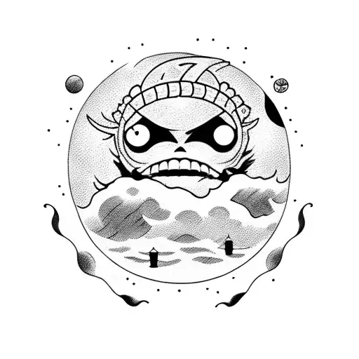 Luffy Gear 5 with in the background a moon, the sea with his boat and some demon fruits tattoo design idea