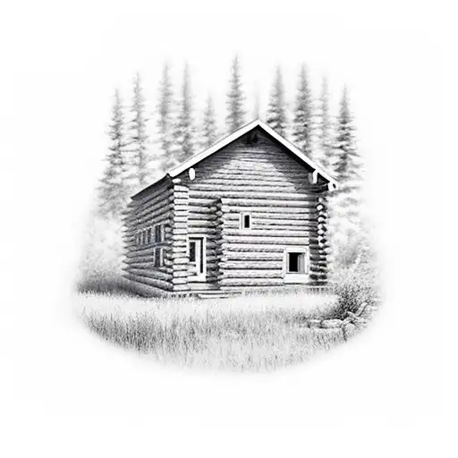 log cabin on farm tattoo design idea