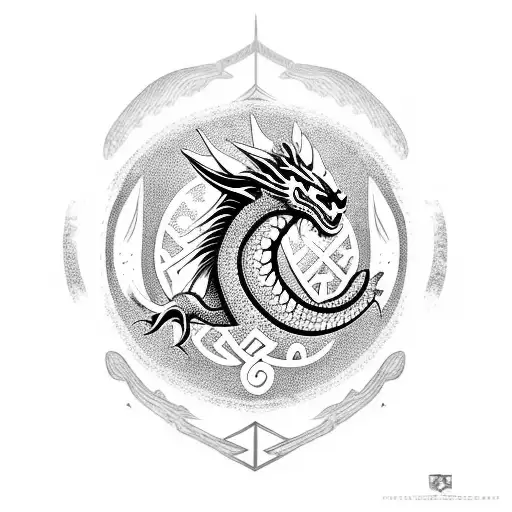 A mystical dragon surrounded by Nordic runes and symbols tattoo design idea