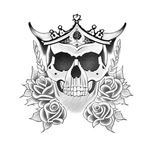 A unique tattoo featuring a skull wearing a crown of roses, surrounded by an assortment of animals including a wolf, bear, hawk, and owl, all in blackwork style tattoo design idea