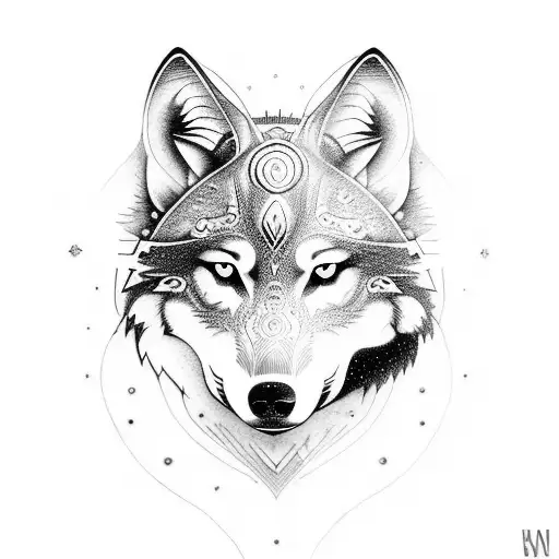 A captivating tattoo featuring a wolf and a hawk in a dotwork style, symbolizing strength and freedom tattoo design idea