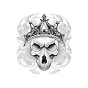 A unique tattoo featuring a skull wearing a crown of roses, surrounded by an assortment of animals including a wolf, bear, hawk, and owl, all in blackwork style tattoo design idea