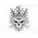 A unique tattoo featuring a skull wearing a crown of roses, surrounded by an assortment of animals including a wolf, bear, hawk, and owl, all in blackwork style tattoo design idea