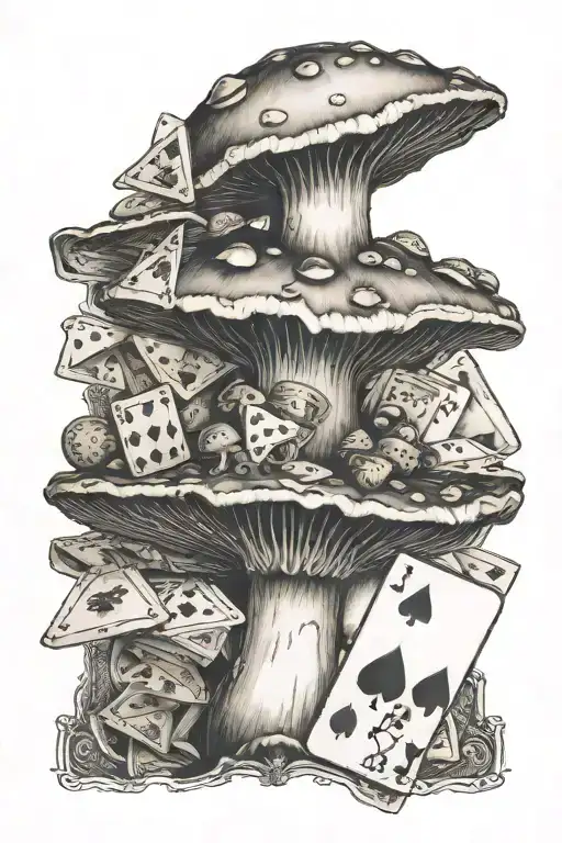 alice in wonderland mushroom with cards on top of the mushroom tattoo design idea