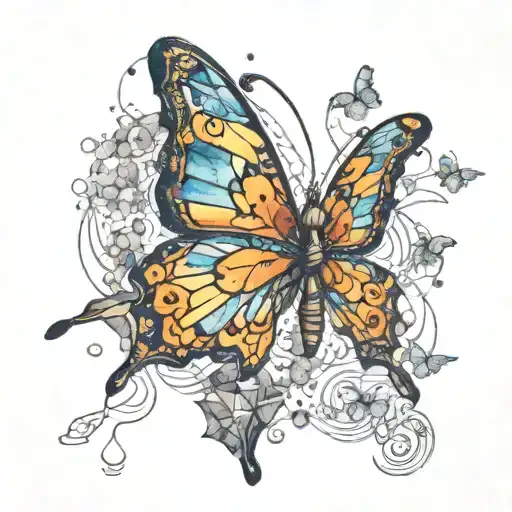 butterfly letf wing is shatered and broken , small pi simbles on wings and the background is van gogh style city tattoo design idea