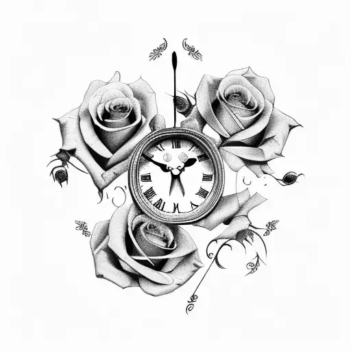 clock with roses and a quote  tattoo design idea