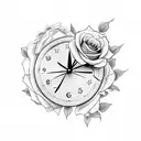 clock and roses tattoo design idea