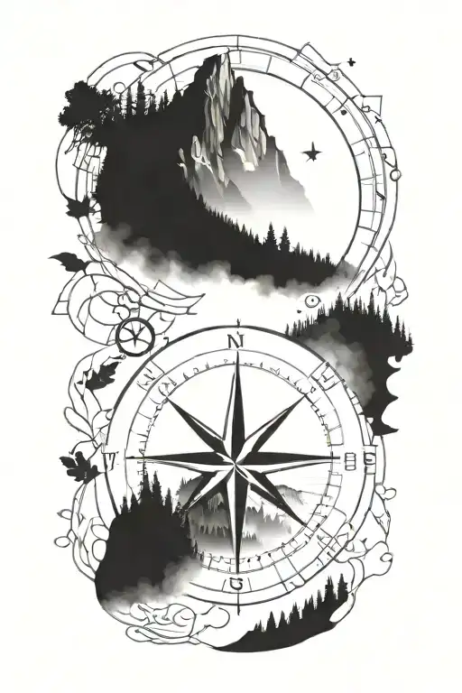 a compass with mountains and trees surrounding it and coordinates  tattoo design idea