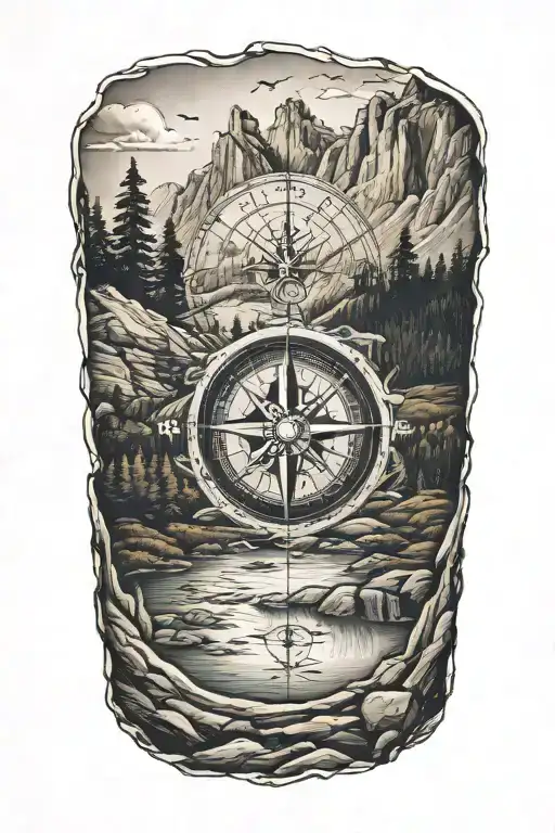inner forearm small a compass with mountains and trees surrounding it tattoo design idea