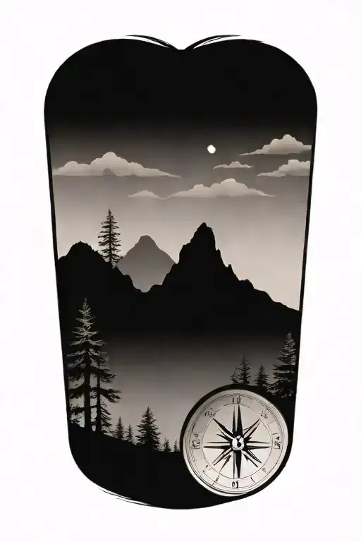 a compass with mountains and trees surrounding it and coordinates  tattoo design idea