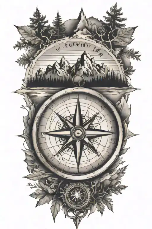 a compass with mountains and trees surrounding it and coordinates  tattoo design idea