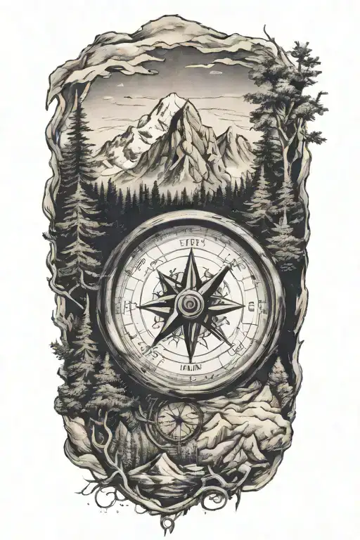 a compass with mountains and trees surrounding it and coordinates  tattoo design idea