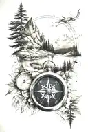inner forearm compass with mountains and trees surrounding it and coordinates imbedded tattoo design idea