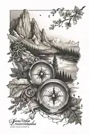 inner forearm compass with mountains and trees surrounding it and coordinates imbedded tattoo design idea