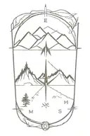 a compass with mountains and trees surrounding it and coordinates  tattoo design idea