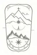 a compass with mountains and trees surrounding it and coordinates  tattoo design idea
