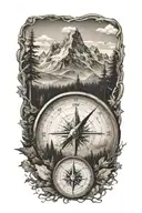 a compass with mountains and trees surrounding it and coordinates  tattoo design idea