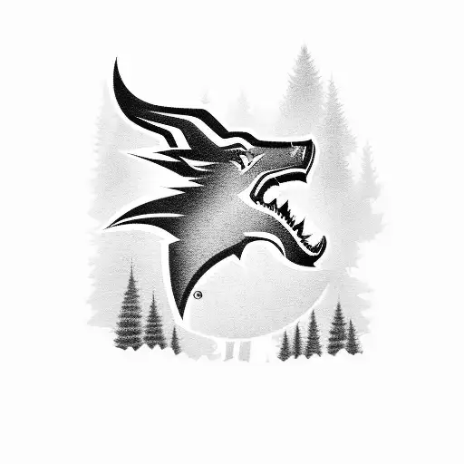 A stylized silhouette of the Arkansas Razorbacks logo surrounded by a forest of pine trees, representing the client's favorite sports team and their love for the countryside tattoo design idea