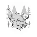 A stylized silhouette of the Arkansas Razorbacks logo surrounded by a forest of pine trees, representing the client's favorite sports team and their love for the countryside tattoo design idea